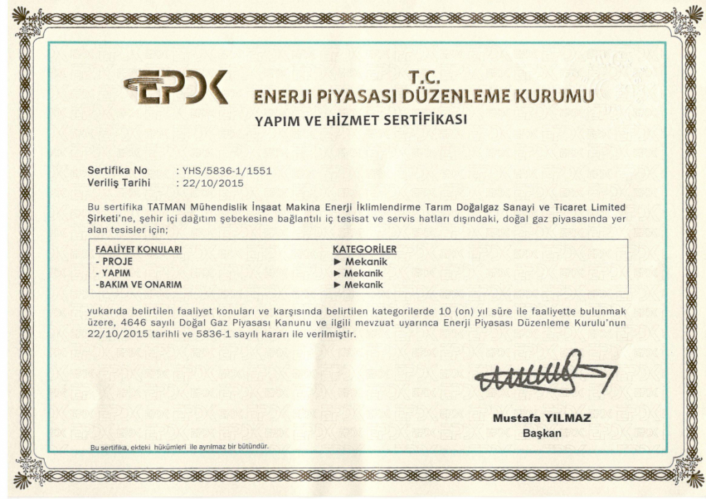 EPDK-Yapımve Hizmet-Sertifikası